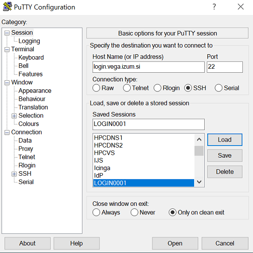 PuTTY configuration